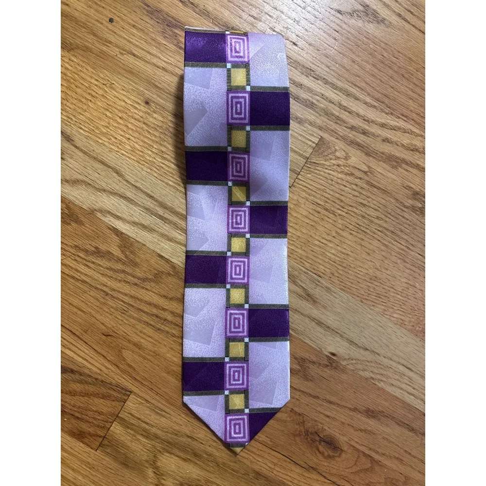 Fratello Handmade Purple & Yellow Geometric Pattern Tie 100% Polyester 58